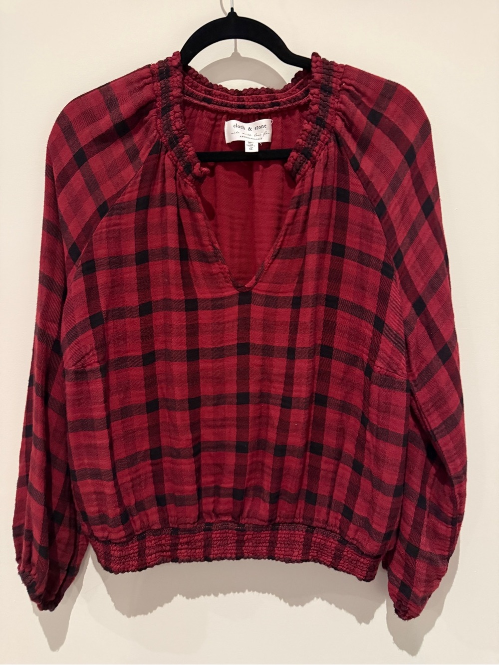 Anthropologie Cloth & Stone Buffalo Plaid Smocked Peasant Top XL
